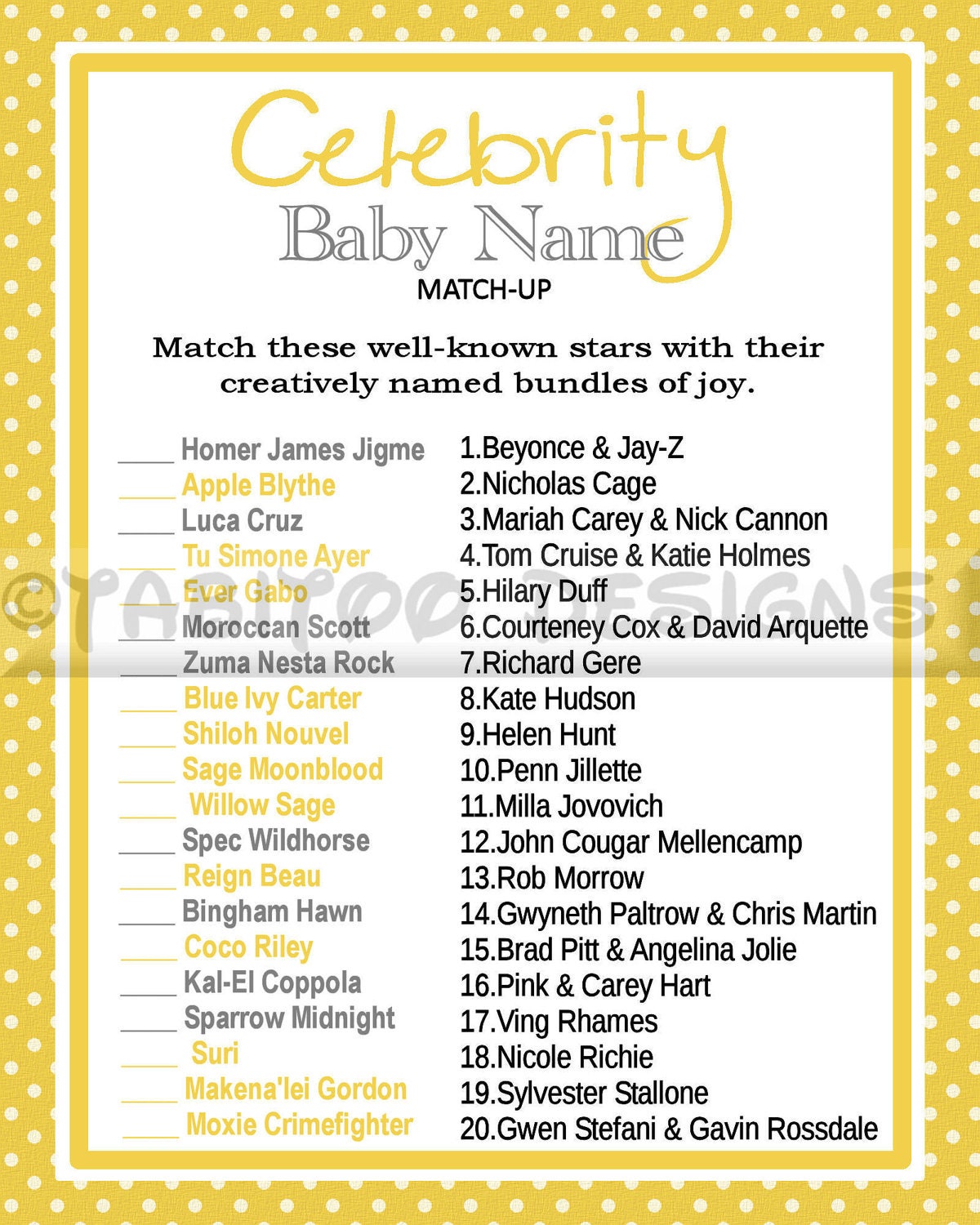 baby name game shower Baby Shower Baby by Celebrity Match TabitooDesigns Up Game Name