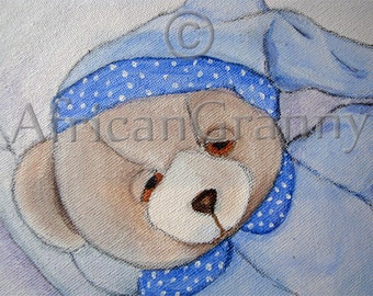 SHIPPING INCLUDED Night Night Teddy Original Art Acrylic and Graphite Pencil on Canvas Nursery Decor for little Boy's room.