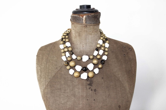 Chunky Gold and White Bead Multi Strand Necklace
