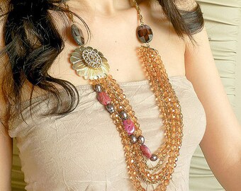Peach Multistrand Beaded Necklace, Pink Pale Coral Layered Statement Necklace - Multi strand Gemstone Necklace With Pearls Crystal and Shell