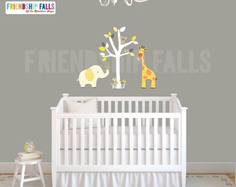 Mini Jungle Decals, elephant Decal, giraffe decal, Nursery Decal, Koala, Friendship Falls decal, Shades of Yellow scene - White Tree