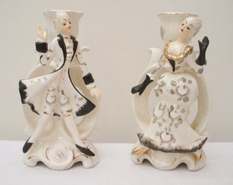 RESERVED for Sue - Vintage Pair Black & White Candle Holders - Colonial Couple