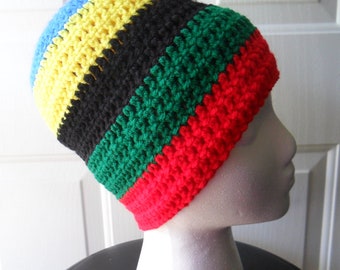 Olympic or MTG Rainbow Stripe Red Green Black Yellow Blue Beanie - Size MEDIUM