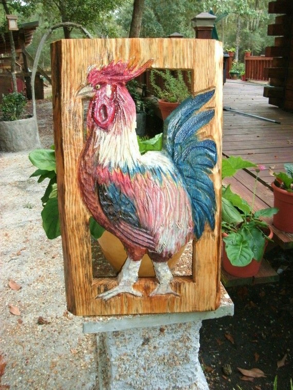 Rooster In Frame 28x 16 Chainsaw Wood Carving By Oceanarts10