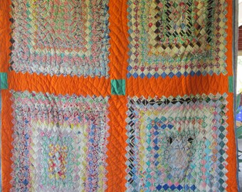 Colorful Antique Vintage Quilt TRIP AROUND The WORLD - Gorgeous Old Fabrics