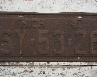 Vintage License Plate Michigan 1941 Rusty Rusted Rust Old Distressed Salvaged Metal Antique License Plate