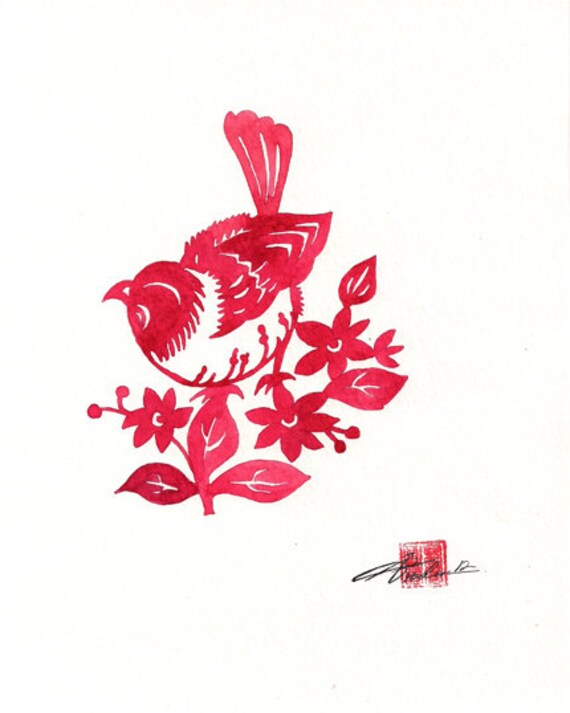 to RED BIRD, Chinese Paper cut Red Bird with Poinsettias, Flowers 