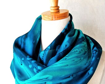 Silk Scarf Handpainted in Deep Ocean Blues
