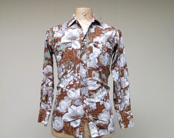 Vintage 1950s Western Shirt / 50s Cotton Floral Rockabilly Shirt / 36 Chest