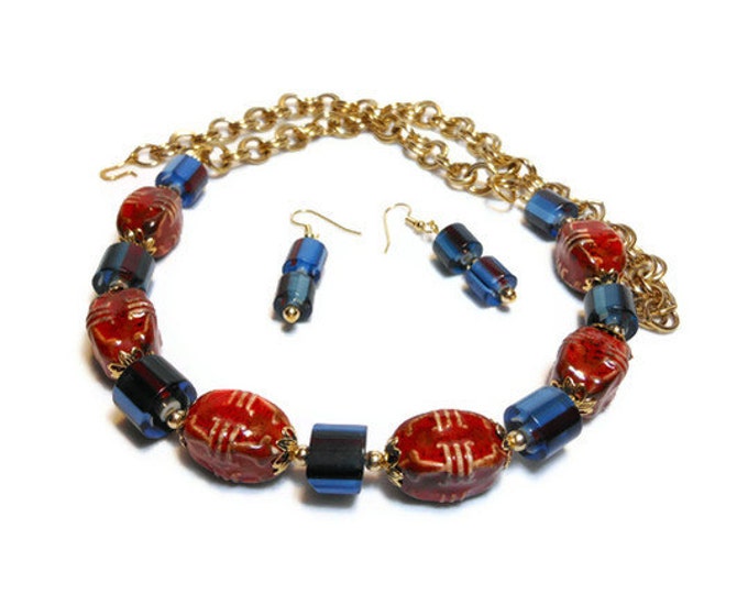 FREE SHIPPING Red blue necklace and earrings red porcelain, blue cane glass , handmade set - demi parure, gold plated findings, french hook