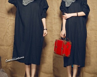 Shirt Linen Dress, Long Linen Dress/ Loose Fitting Shirt Dress In Black /black Dress, Longsleeve Dress ,oversized Dress, Kaftan Dress