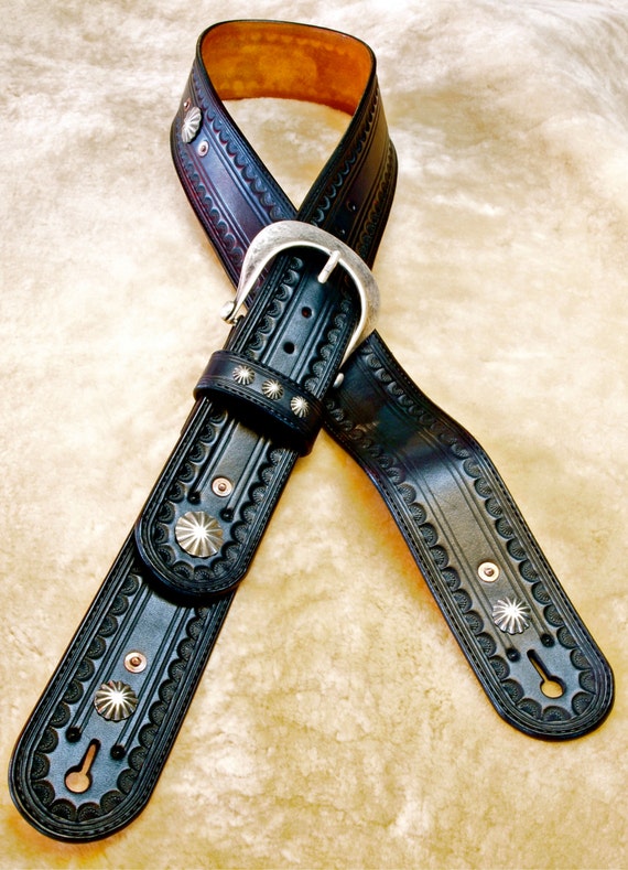 Leather Guitar strap Hand tooled, Handmade, Fine workmanship Black Vintage OUTLAW Cowboy Rockstar handmade for YOU in NYC by Freddie Matara