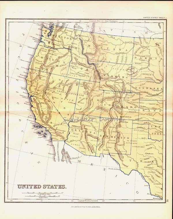 Vintage United States Map West Coast 1871 Victorian Lippencott