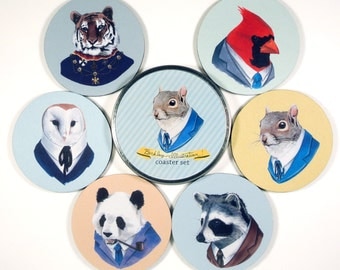 Animals in Suits Berkley Illustration coaster set officially Licensed 6 six coasters in matching tin Gifts Under 20 hipster dapper clothes
