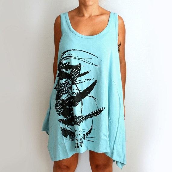 Light Blue Sharktail Tunic Tank Dress with Feathers by