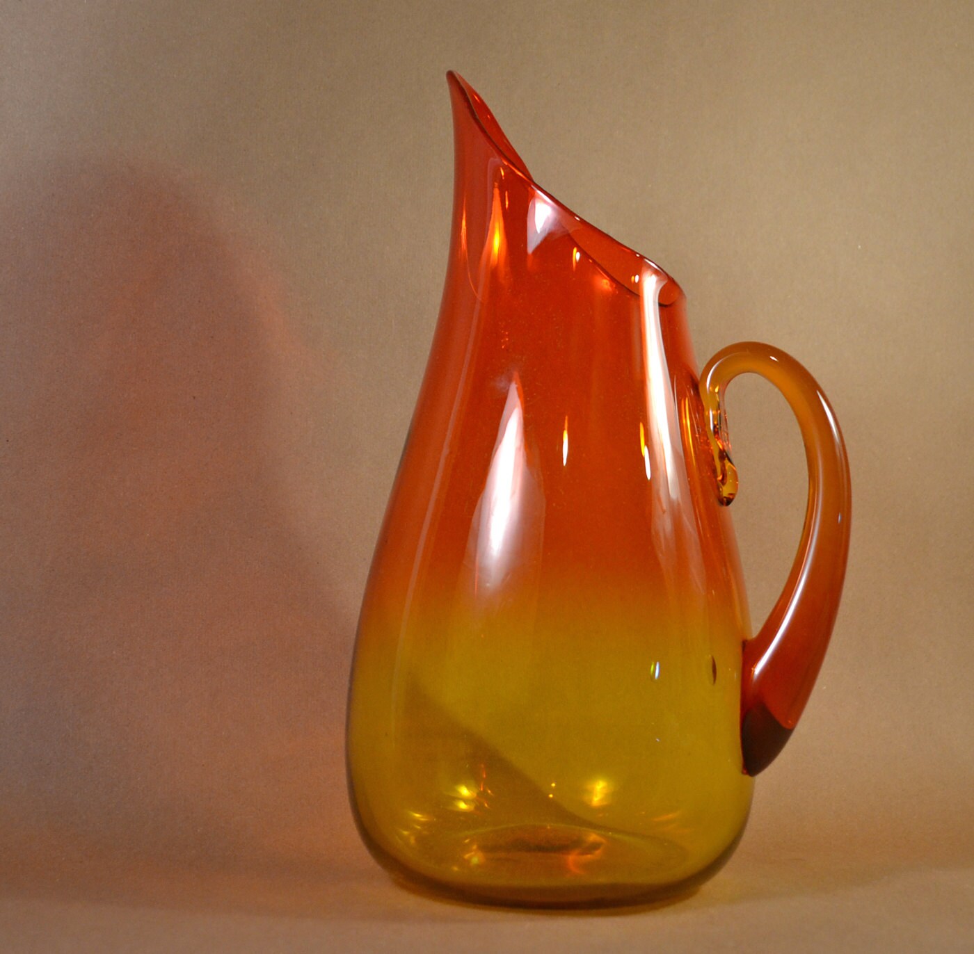 Gorgeous Vintage Blenko Glass Pitcher Amberina Orange and