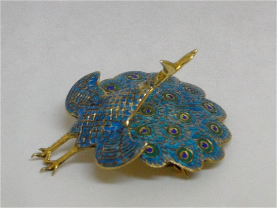 Vintage Blue Enamel Sterling Peacock Brooch Unique Figural 5034