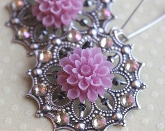 Delia Earrings - Swarovski Crystal - Antiqued Silver - Surgical Steel Kidney Earwires