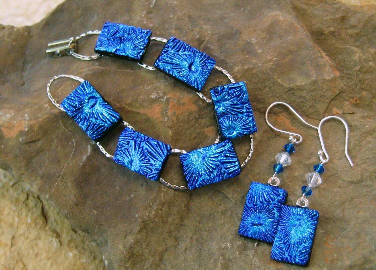 Fused Glass Link Bracelet Blue Dichroic Glass Bracelet