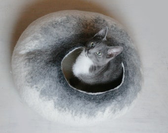 Pets Cave / Cat Cave / Cat Bed / Vessel - White Grey Bubble - Hand Felted Wool - Crisp Contemporary Design - Eco Friendly - READY TO SHIP
