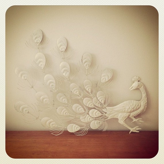 Vintage White Metal Peacock Wall Art Shabby Chic Decor