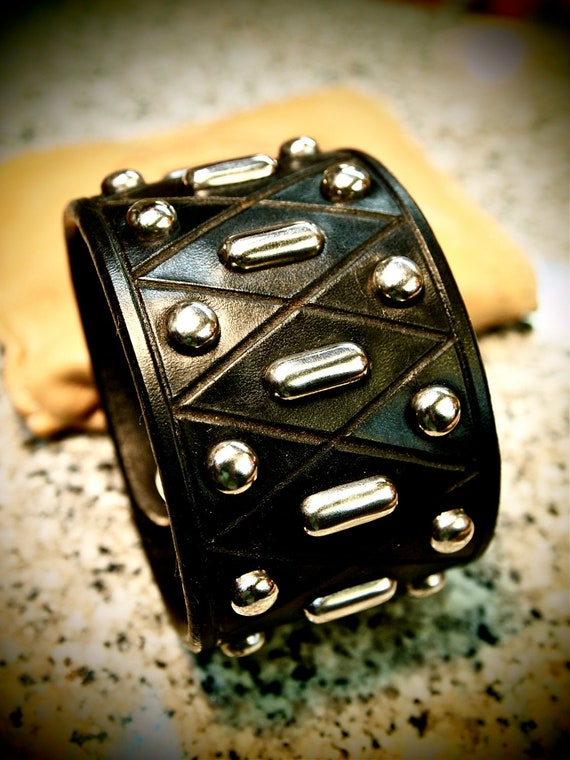 Leather cuff Bracelet Custom Made Black wristband Studded Harlequin diamonds Made for YOU in NYC by Freddie Matara