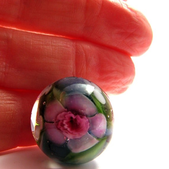 Frilly Pink Rose Encased Floral....Glass Bead by Highland