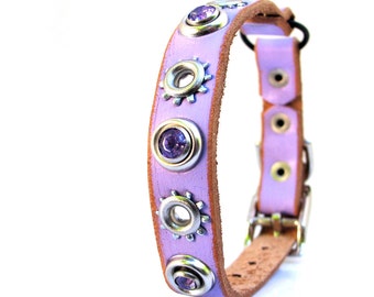 Rustic Lavender Leather Cat Collar with Purple Rhinestones and Industrial Flowers, Size to fit a 8-10in Neck, Cat Collar Leather