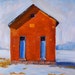 Oil Painting, School House, Original, Landscape, Small, 8x10, Brick, Orange, Blue, Winter, Snow, Wall Decor