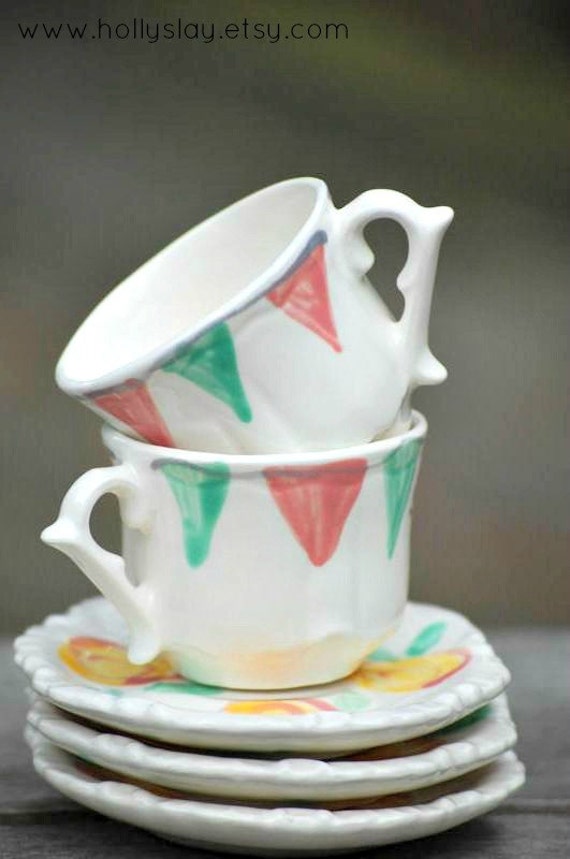 Girls Tea Cups // Banner Bunting Pink & Aqua Shabby Chic Tea Party . . Personalized Handpainted // Lovely for tea parties and showers. . . Il_570xn