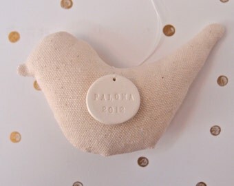 personalized dove ornament sewn in organic canvas fabric with custom porcelain tile by Paloma's Nest