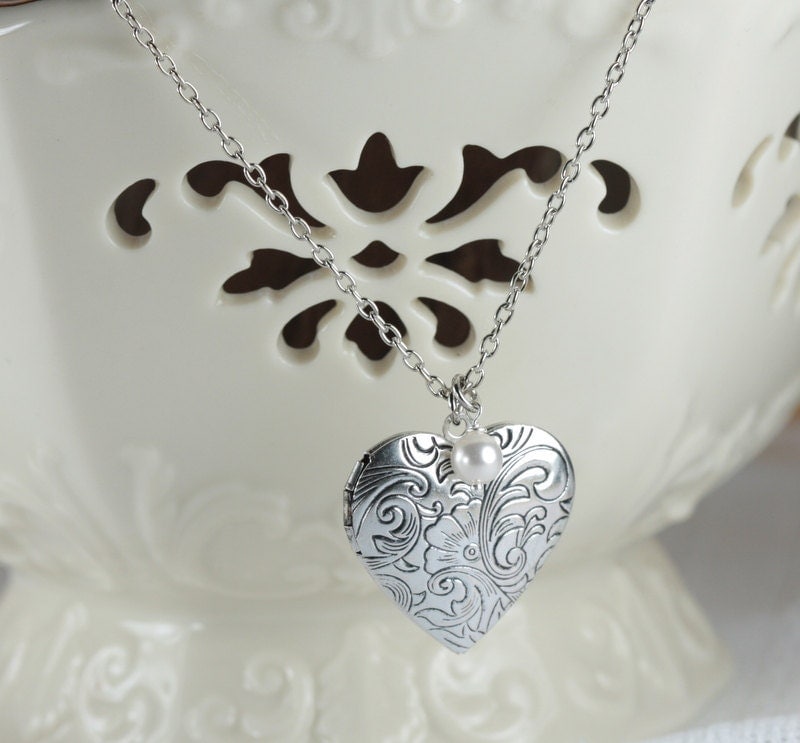 Antique Silver Heart Locket Necklace with Birthstone Silver
