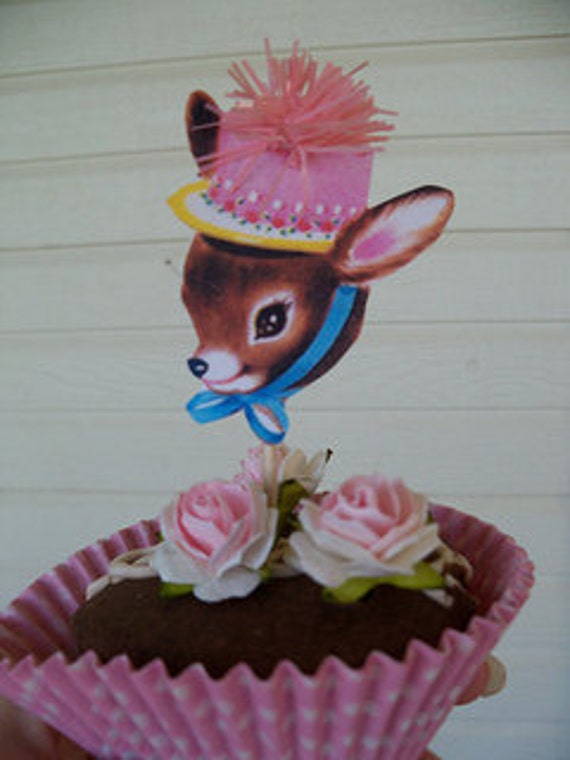 Vintage Deer Cupcake Toppers With Pink Puff Set of Six for Birthday Party Il_570xn