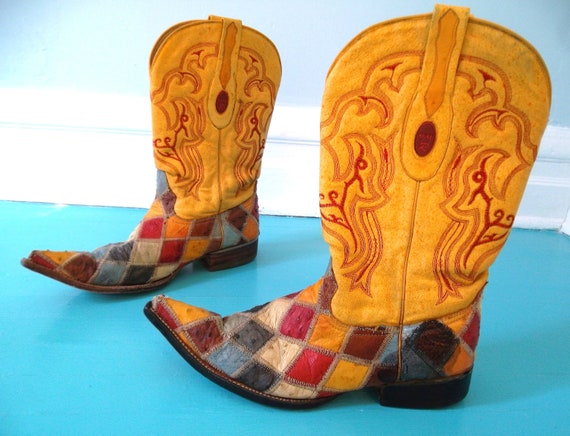 Vintage Mens Cowboy Boots 9.5 Patchwork Multicolor Diamond
