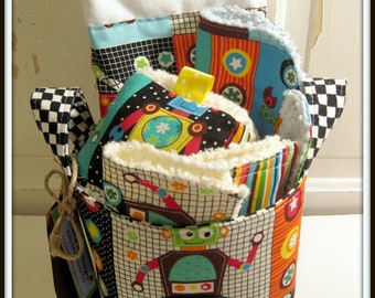 Robots Baby Gift Basket--- Burp Cloth, Bib, Rattle Block, Wash Cloth Set and Fabric Basket