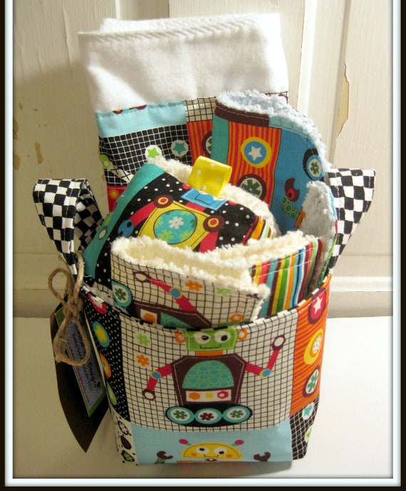Robots Baby Gift Basket Burp Cloth Bib Rattle Block Wash