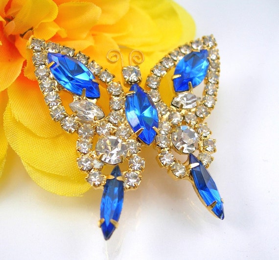 Vintage Rhinestone Brooch Butterfly Royal Blue and Clear Prong