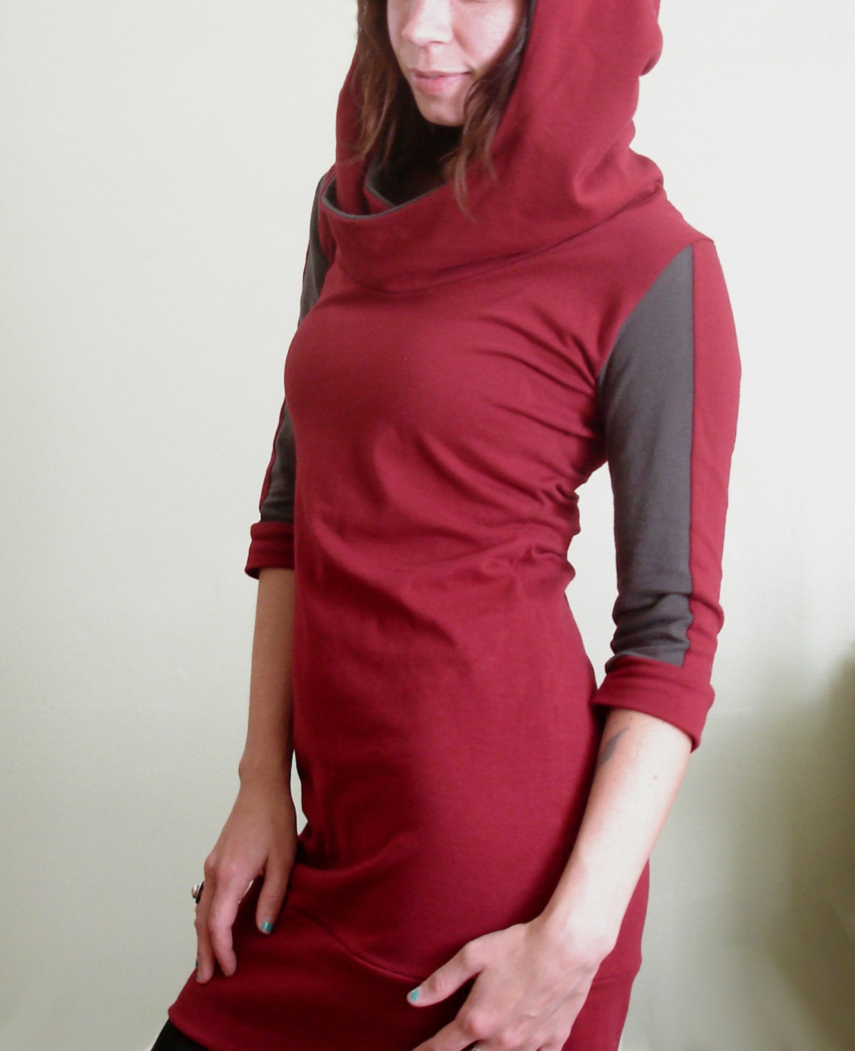 half sleeved hooded tunic dress Cranberry Red/Cement