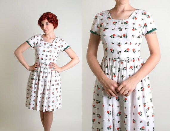 1950s Rose Dress Vintage Mini White Floral Day Dress Small