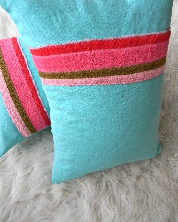vintage stripe terry and aqua linen pillow cover pair