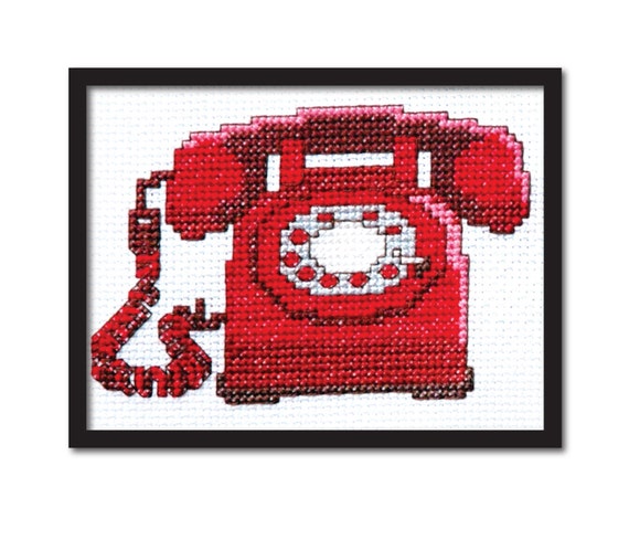 Red Retro Phone Cross Stitch Pattern Instant by tinymodernist