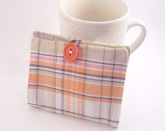 Tea Wallet, Tea Bag Holder, Small Wallet, Business Card Holder - Orange Plaid - READY MADE