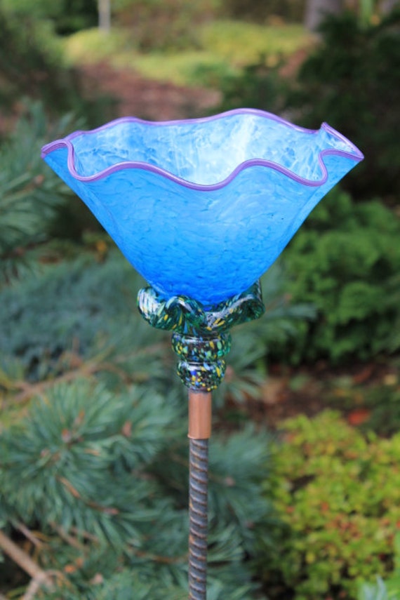 Sky Blue Hand Blown Glass Flower or Bird Bath Garden Art