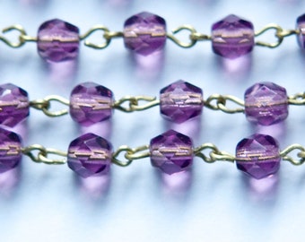 Purple Faceted Czech Glass 6mm Bead Chain Raw Brass Links chn141