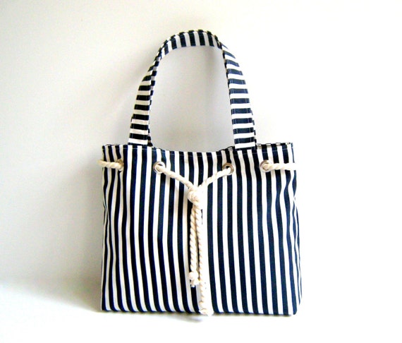 Sailor Tote Bag  -navy blue and white striped, with cotton rope accessory-