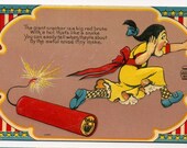 Vintage Fourth Of July Postcard -  Girl Runs From Giant Fire Cracker