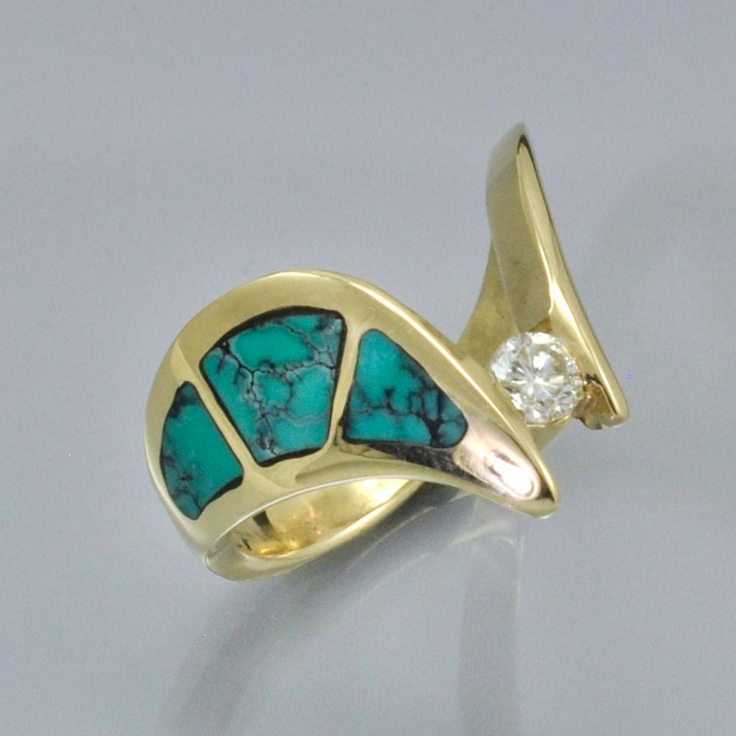 Items similar to Sleek Turquoise Inlay and Diamond 14k Gold Ring on Etsy