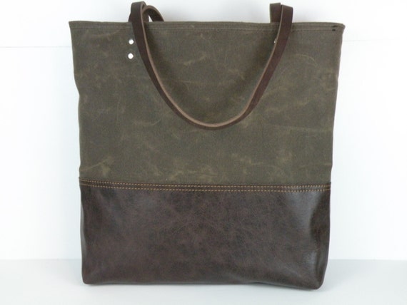 Waxed Canvas Bag Brown Tote Bag Carry all Bag Leather Bottom