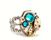 Steampunk Ring - Beautiful Clockwork Jewelry Design & Aqua Blue Zircon Swarovski Crystals -  PROMPTLY SHIPPED - Steampunk Jewelry