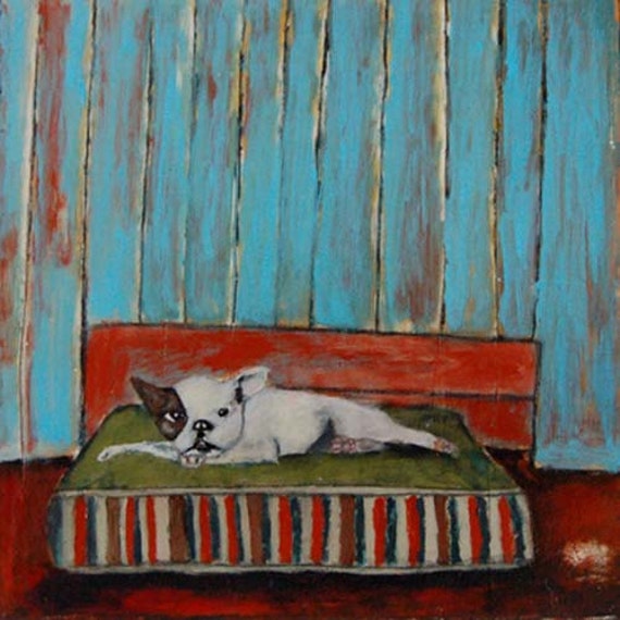 12x12 Original Acrylic Painting Dog Portrait, animal, bed, blue walls, French BullDog Grumpy Dog
